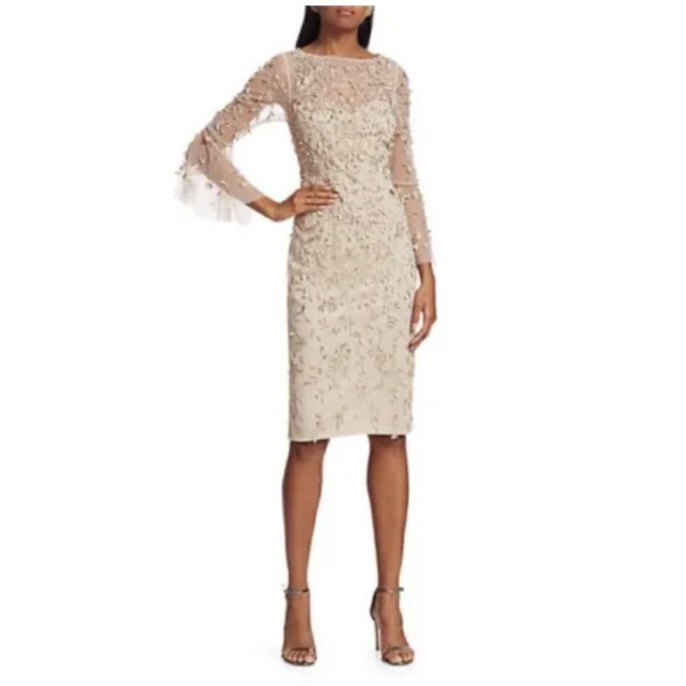 THEIA Hand-Beaded & Petal Applique 3/4 Bell-Sleeve Dress Women’s SIZE 4